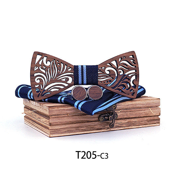 Set hochwertige Design-Holzfliege mit Manschettenknöpfen und Halstuch in edler Holzbox