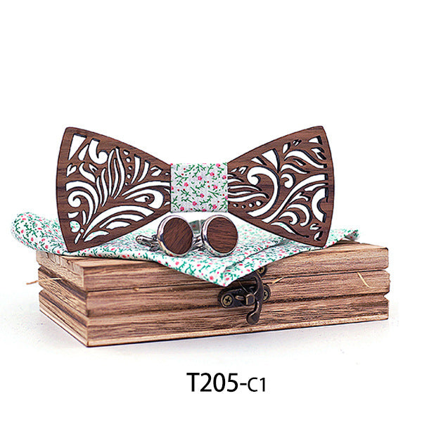Set hochwertige Design-Holzfliege mit Manschettenknöpfen und Halstuch in edler Holzbox