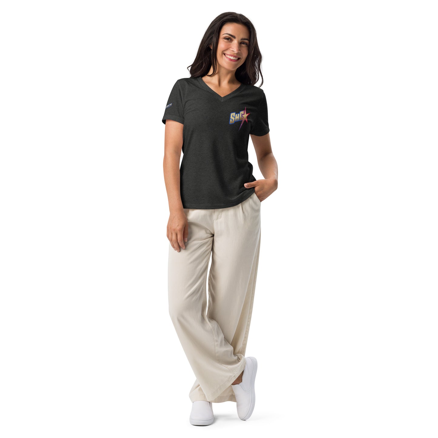 Lockeres Helden Damen T-Shirt mit V-Ausschnitt